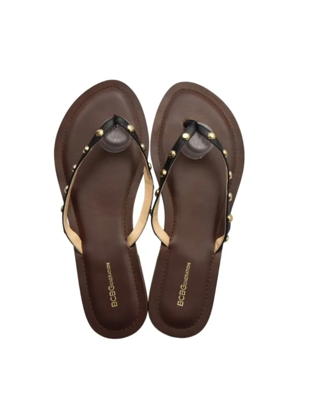 BCBGGeneration Womens Studded Black Thong Sandals Size 9.5M Brown Sole Flip Flop